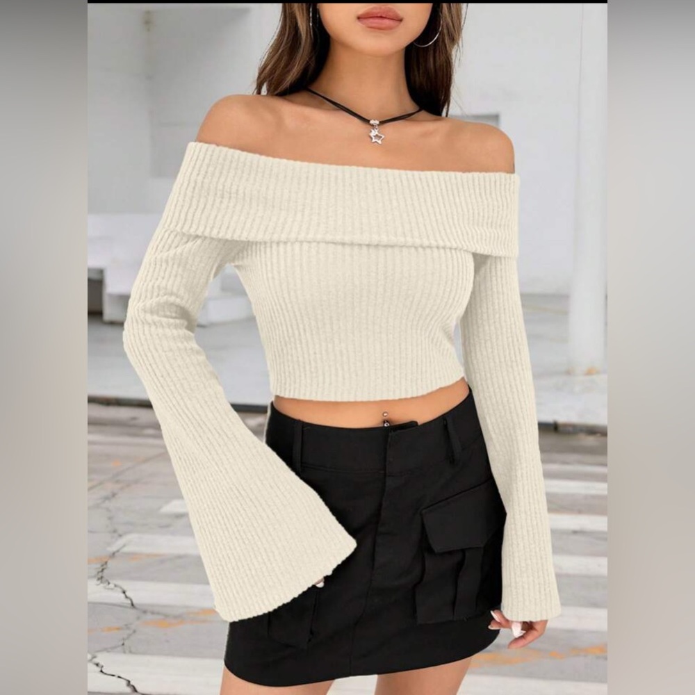 Off-Shoulder Ribbed Crop Sweater - Cream - Picture 2 of 13